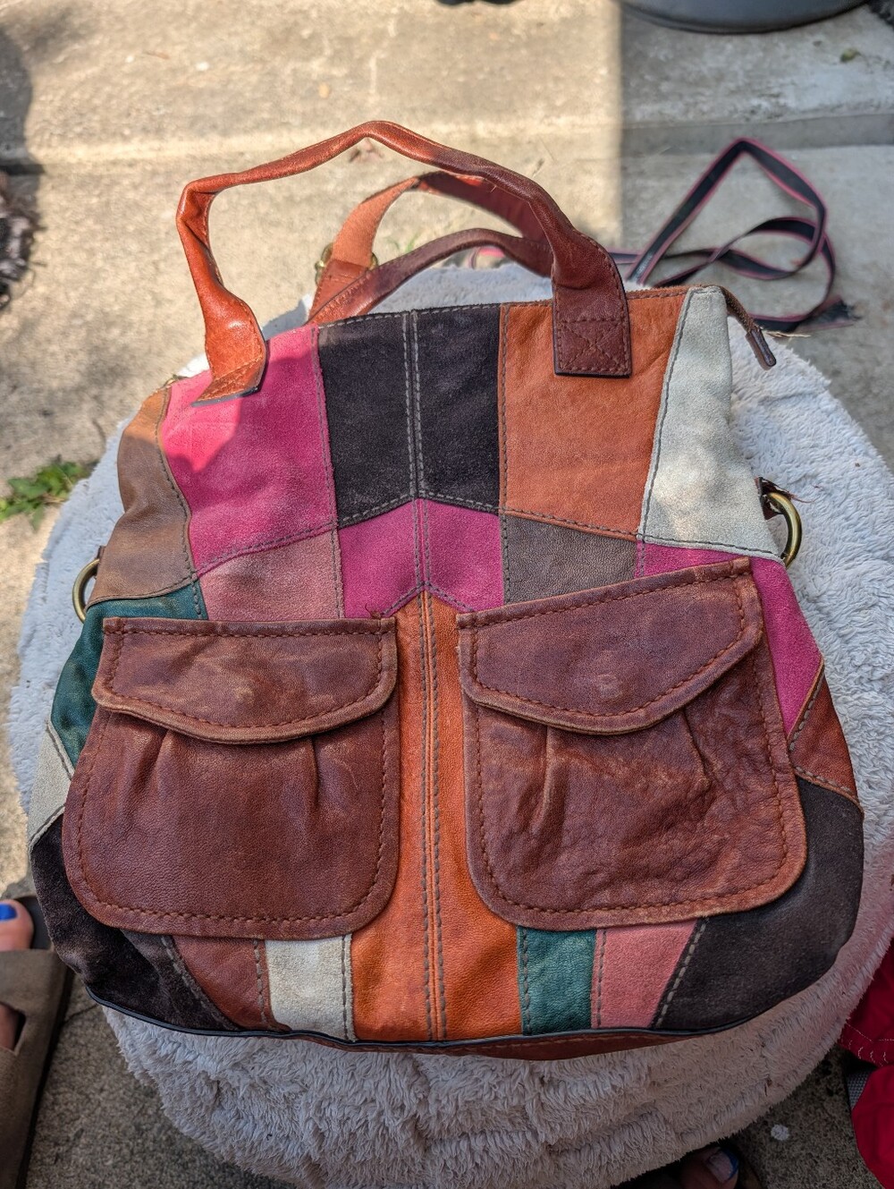Womens Large Fossil Crossbody Colorblock Leather Patchwork Tote Bag